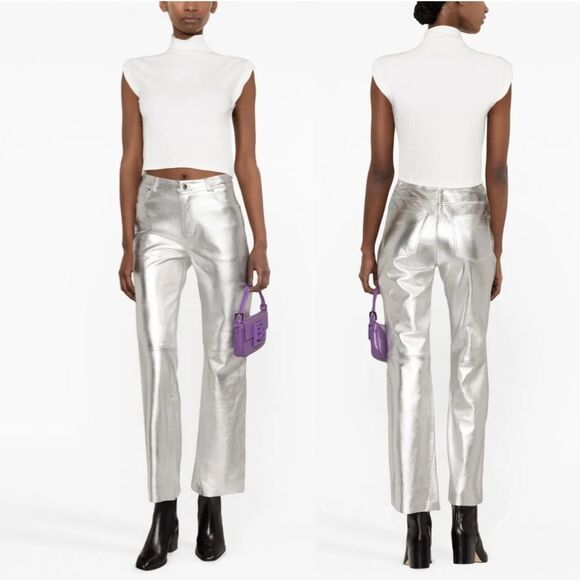Maje Plutom Metallic-Sheen Flared Leather Trousers size 38 NWOT - Picture 2 of 9